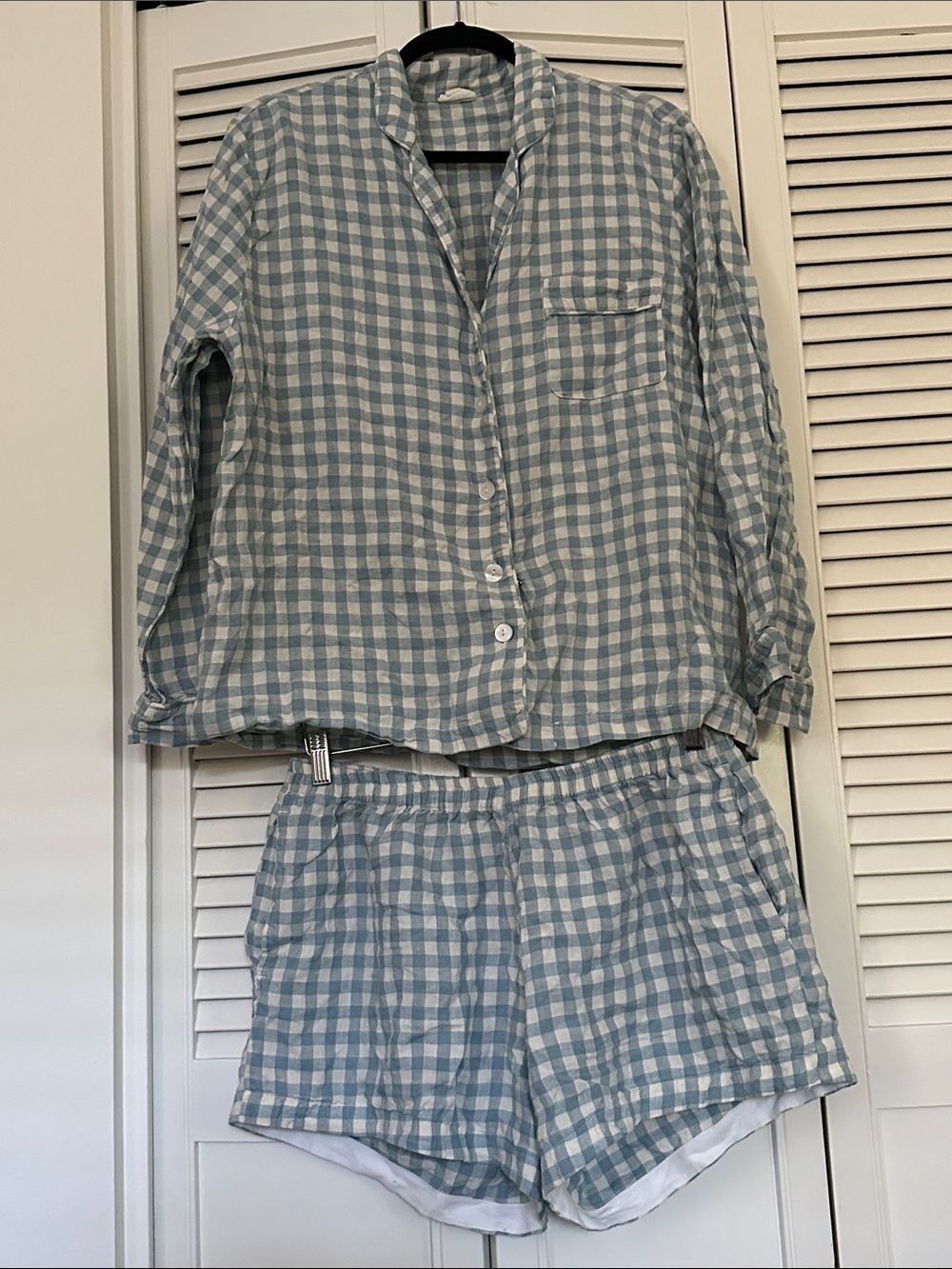 Piglet in Bed 100% Linen blue and cream gingham pajama set, size L